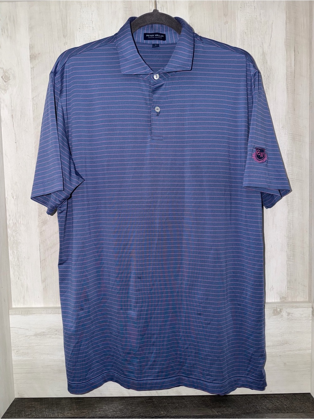 Peter Millar Navy Polo with Pink Micro-Stripes - Carlton Woods Country Club Logo